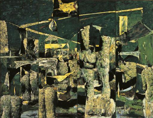 许江作品欣赏 1992年作 绿色背景上的棋俑 （四联作）