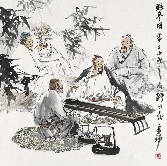 苗再新作品 听琴图