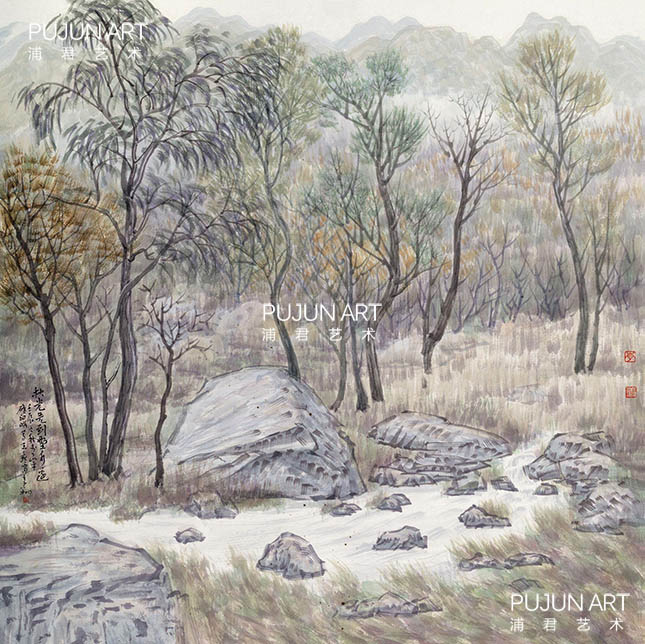 李翔山水画 秋光先到圣水边