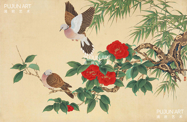 陈佩秋作品 斑鸠与山茶