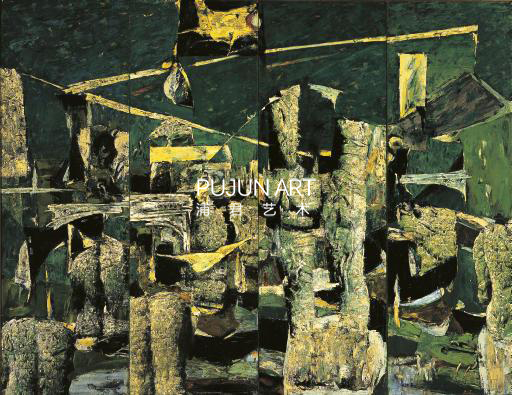 许江1992年作 绿色背景上的棋俑 （四联作） 油画画布