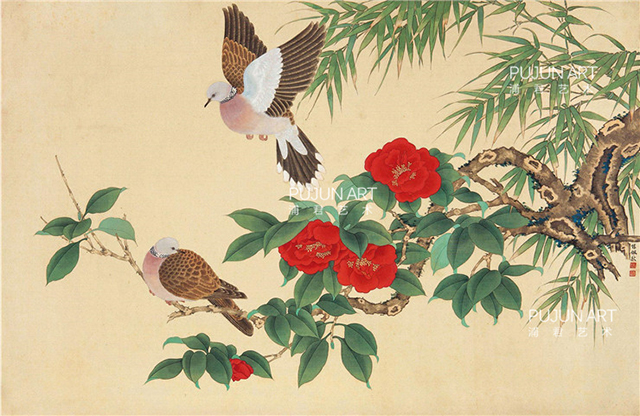 陈佩秋花鸟画《斑鸠与山茶》