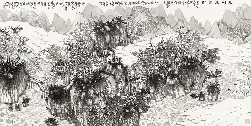 何加林 藕塘渔钓图